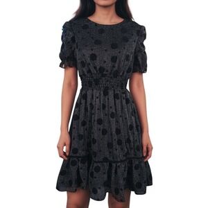 Betsy Johnson Black Silver Metallic Polka Dot Ruffle Hem Dress Size 4 Party